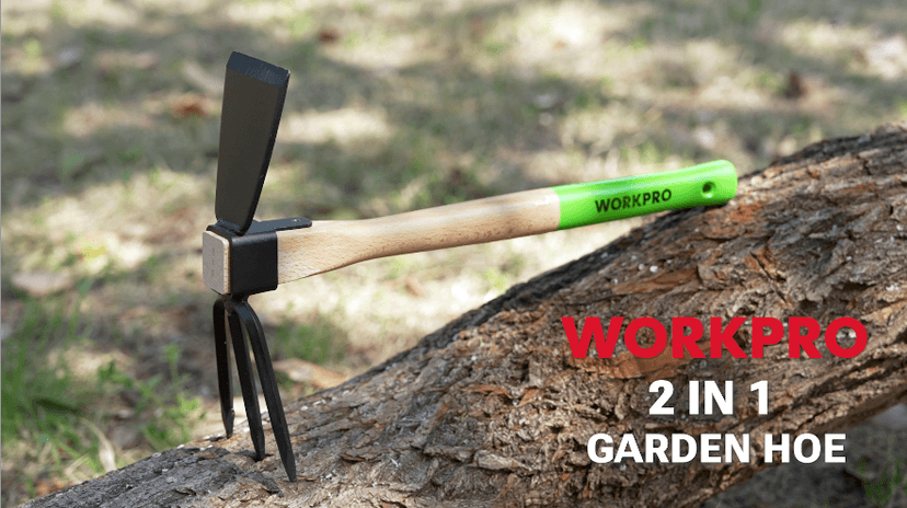 WORKPRO Hoe and Cultivator Garden Rake with 14" Wooden Handle, Sharp Hoe Blade & Sturdy 3 Claw Tiller, 2-in-1 Heavy Duty Gardening Hand Tools for Digging, Loosening Soil, Weeding, Cultivating