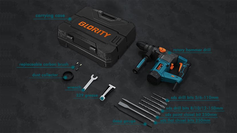 1-1/4 Inch SDS-Plus 13 Amp Heavy Duty Rotary Hammer Drill with Safety Clutch 4 Functions and Variable Speed, Including Chisels and Drill Bits