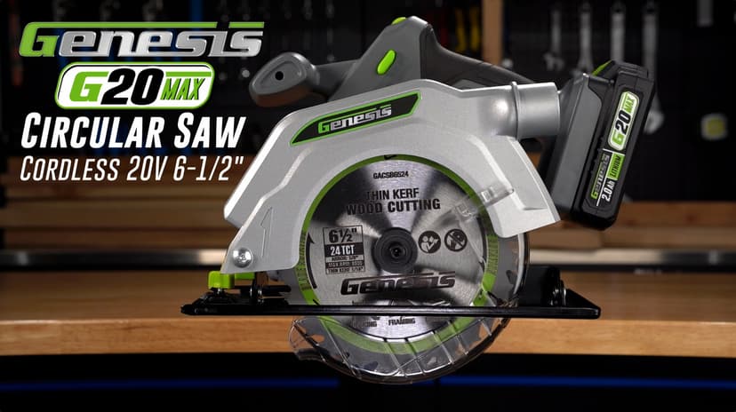 Genesis G20MAX 20V Cordless Circular Saw 6-1/2 inch with Laser & LED Light, Includes 24TCT thin-kerf blade, 2.0Ah Battery and Charger(GLCS2065B)