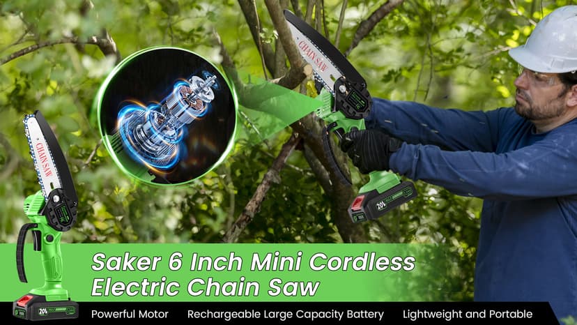 Saker Mini Chainsaw|6 Inch Chainsaw[2025 Upgraded]|Mini Cordless Electric Chain Saw|Small Handheld Portable Chainsaw Battery Powered Chain Saw for Tree Trimmer and Garden,Christmas Gifts for Men Women