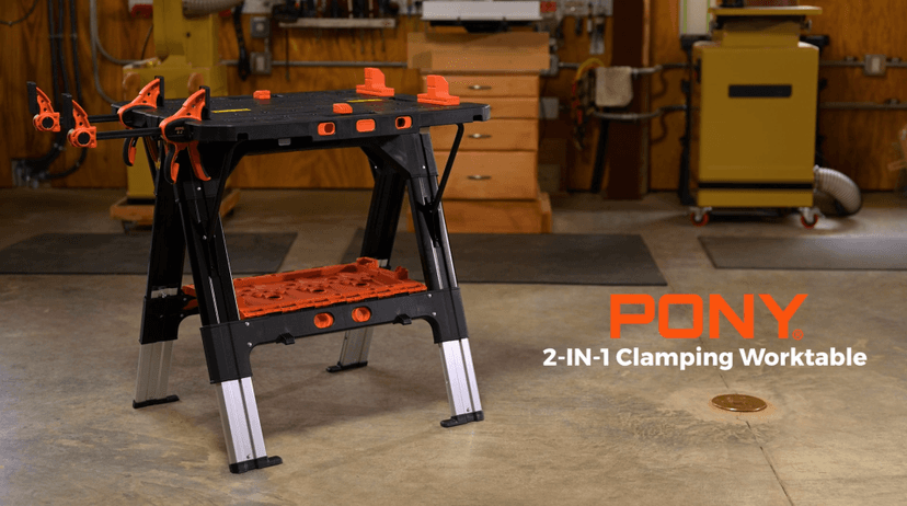 Pony Portable Folding Work Table, 2-in-1 as Sawhorse & Workbench, 31” W×25” D×25”-35”H, Large Load Capacity with 4pcs Clamps, 4pcs Bench Dogs