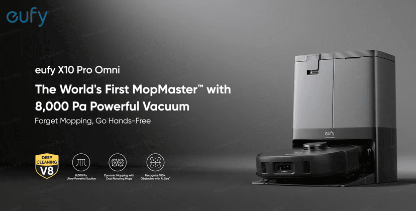 eufy X10 Pro Omni Robot Vacuum and Mop Combo, 8,000 Pa Suction, Dual Mops with 12 mm Auto-Lift and Carpet Detection, AI Obstacle Avoidance, Auto Mop Washing, Auto Drying, Self-Emptying, Self-Refilling