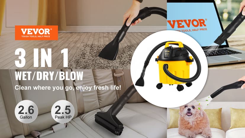 VEVOR Wet Dry Vac, 4 Gallon, 5 Peak HP, 3 in 1 Shop Vacuum with Blowing Function Portable Attachments to Clean Floor, Upholstery, Gap, Car, ETL Listed, Black/Yellow