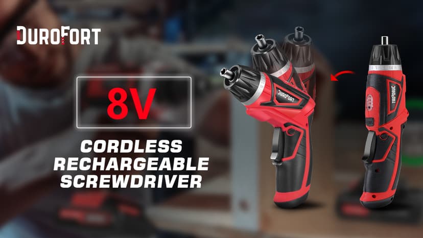 Cordless Electric Screwdriver Set, 8V 10Nm Rechargeable Power Electric Drill, Battery Screw Gun with Driver Bit, 320RPM/10+1 Torque, 2 Position Handle, Flexible Shaft LED Light (Red, 28Pcs)