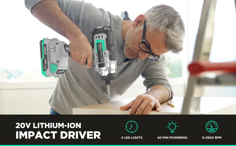 Litheli Cordless Impact Driver, 1150 In-Lbs Torque, 1/4″ Quick-Release Hex Chuck, with 20V 2.0 Ah Battery, 3 Socket Adapters, 2 Driver Bits