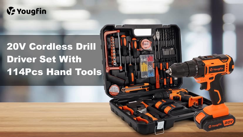 Tool Kit with Drill, Yougfin 20V Cordless Power Drill with 2 Batteries & Charger Drill Sets Combo Kit for Men 114 pcs Household Hand Tools for Home Apartment Dorm Repair