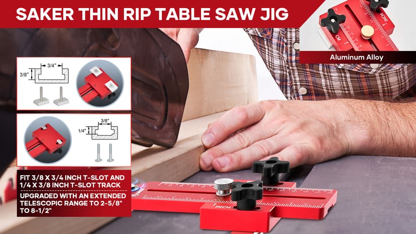 Saker Thin Rip Jig Table Saw Jig Guide, Making Repetitive Narrow Strip Cuts, Fit for 3/4" x 3/8" Slots, for Table Saw Band Saw Router Table