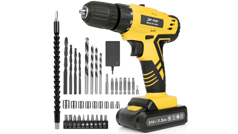 Jar-Owl 21V Cordless Drill Set, 0-1350RMP Variable Speed,350 in-lb Torque,10MM 3/8'' Keyless Chuck, 18+1 Clutch, 1.5Ah Li-Ion Battery & Charger for Home Tool Kit - Black & Yellow
