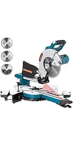 DOVAMAN Updated 10-Inch Sliding Miter Saw, Multi-Material Cutting w/ 3 x TCT Blades, Ambidextrous Operation, 5000/3200RPM Speed, Laser Guide, 0-45° Bevel Cut, Max Cut 3.5x13.4in, 9 Positive Stops