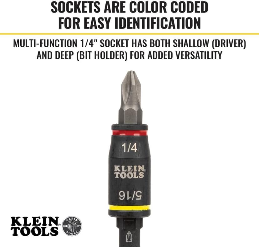 Klein Tools 32768 Impact Driver Set, 3-in-1 SAE Impact Socket and Bit Holder, Flip Socket with Nut Drivers in 1/4 and 5/16 Hex Sizes, 3 and 5-Inch Lengths, 2-Piece