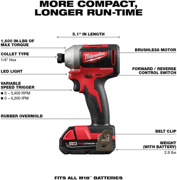 Milwaukee 2892-22CT M18 Compact Brushless 2-Tool Combo Kit, Drill Driver/Impact Driver