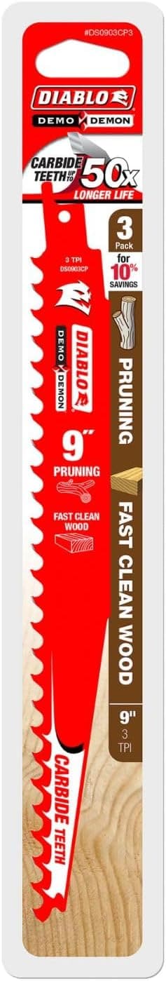 Diablo Demo Demon Carbide Tipped Reciprocating Saw Blades for Pruning and Clean Wood - Carbide Tooth Design - 9" Length, 3 TPI, 3-Pack - DS0903CP3