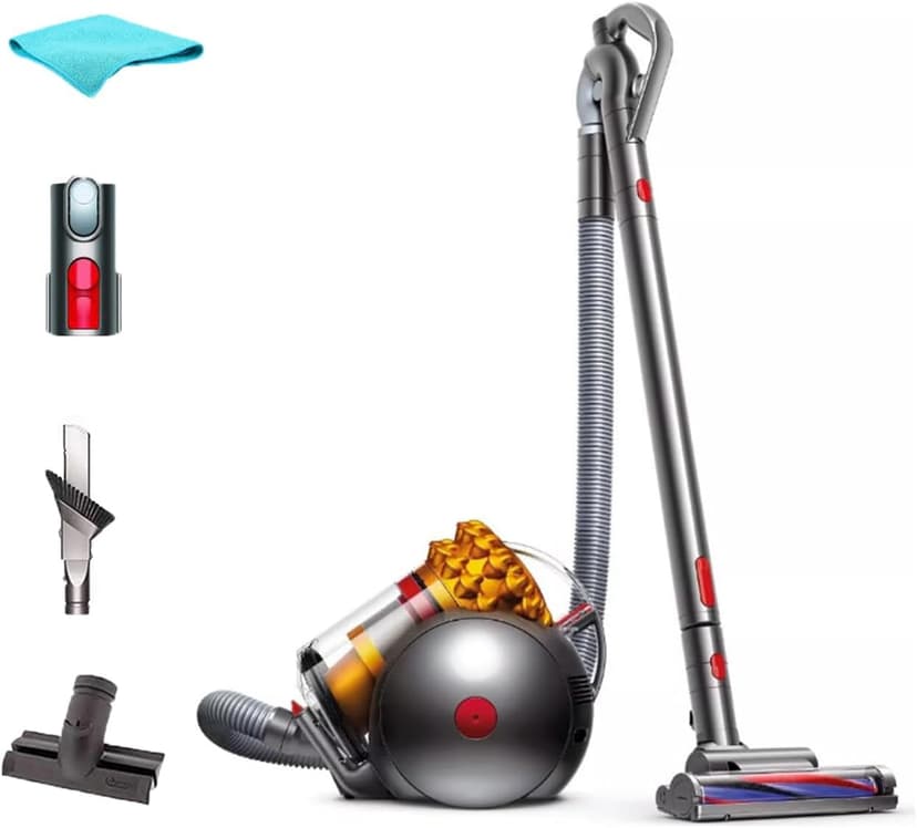 Dyson Big Ball Turbinehead Canister Vacuum Cleaner, Strong Suction, HEPA Filter, Pro Bagless, Self-Adjusting Cleaner Head, Large bin,Yellow/Iron, with 5AVE Microfiber Cloth