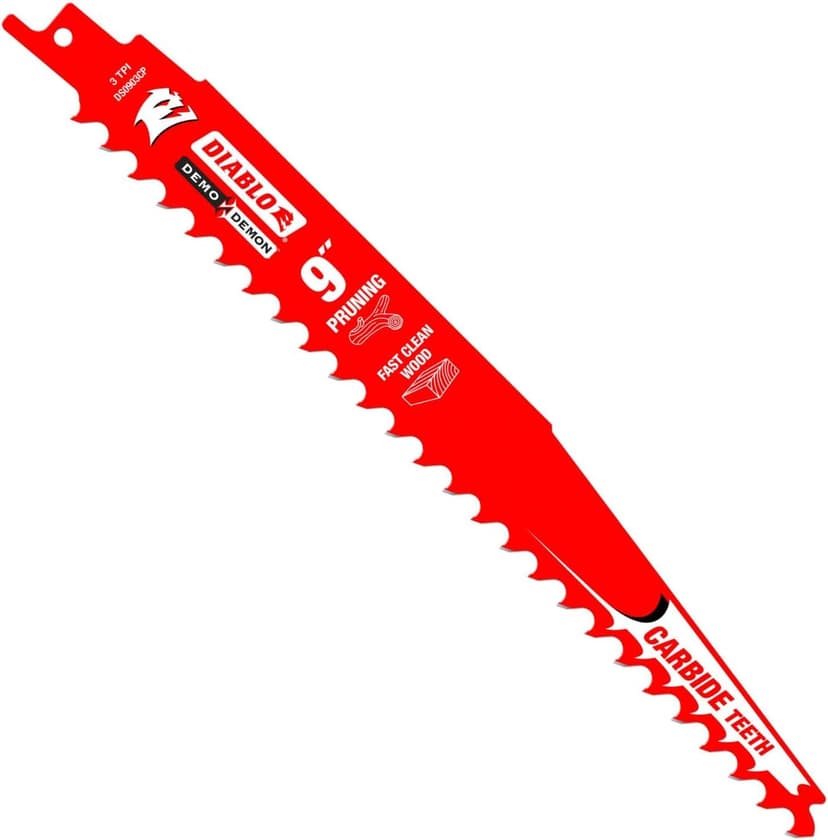 Diablo Demo Demon Carbide Tipped Reciprocating Saw Blades for Pruning and Clean Wood - Carbide Tooth Design - 9" Length, 3 TPI, 3-Pack - DS0903CP3