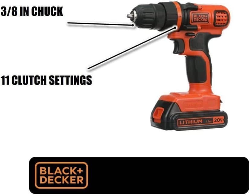 BLACK+DECKER 20V MAX Cordless Drill and Driver, 3/8 Inch, With LED Work Light, Battery and Charger Included (LDX120C)