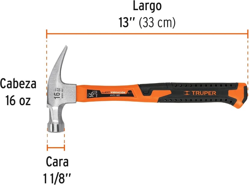 TRUPER MA-16F Curved Claw Hammers, Fiberglass Handle 16Oz(454g), Handle 13"(330mm)