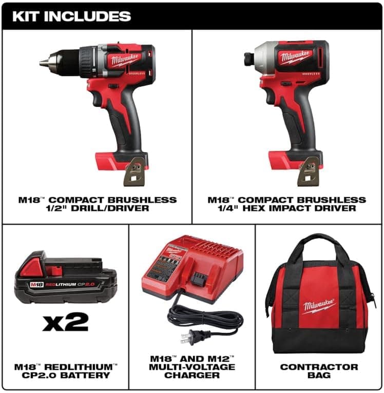 Milwaukee 2892-22CT M18 Compact Brushless 2-Tool Combo Kit, Drill Driver/Impact Driver