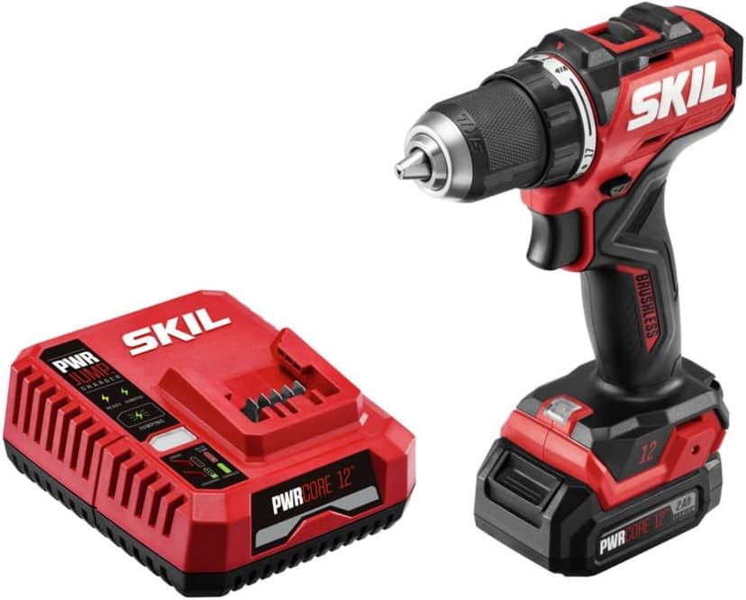 SKIL PWR CORE 12 Brushless 12V 1/2" Compact Variable-Speed Drill Driver Kit with 1/2'' Single-Sleeve, Keyless Chuck & LED Worklight Including 2.0Ah Battery and PWR JUMP Charger - DL6290A-10