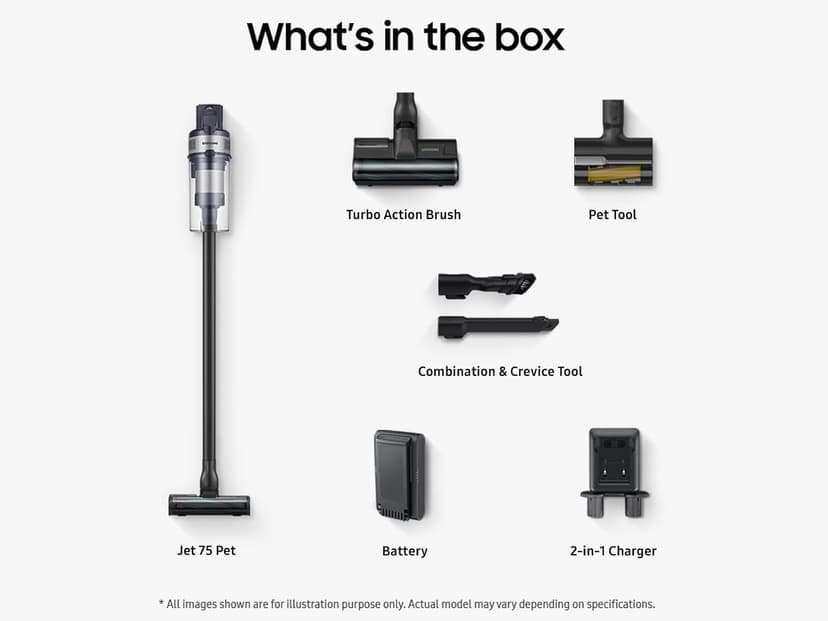 SAMSUNG Jet 75 Pet Cordless Vacuum, Lightweight w/Turbo Action Brush, Pet Tool, Removable Battery, Powerful Cleaning for Hardwood Floors, Carpets, Area Rugs, VS20B75AGR5/AA, Silver