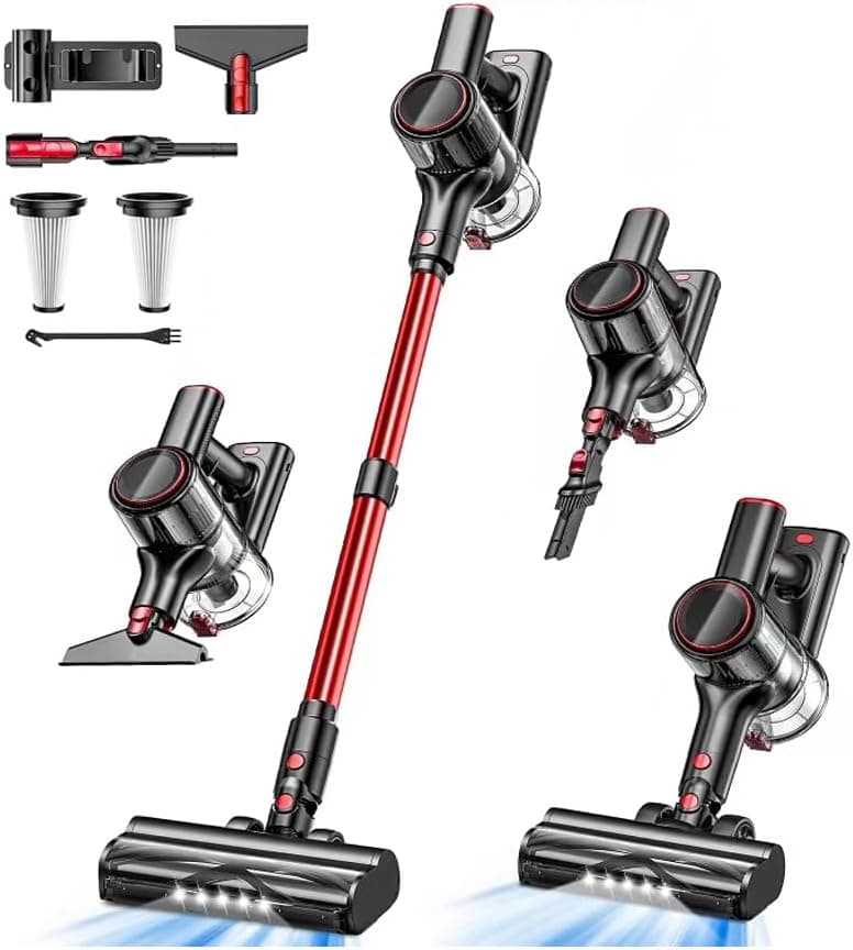 Cordless Vacuum Cleaner, 8-in-1 Vacuum Cleaners for Home, 45Mins Runtime, Anti-Tangle Stick Vacuum with LED Display, Rechargeable Lightweight Vacuum for Pet Hair/Carpet/Floor (Red)