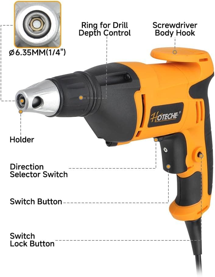 Hoteche 4.5-Amp Drywall Screw Gun, Electric Screwdriver with Variable Speed 0-4500 RPM, 1/4" Chuck, Forward & Reverse Switch