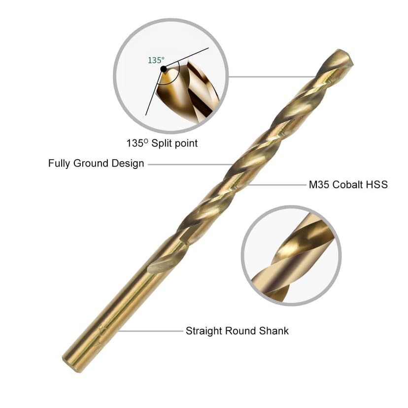 115Pcs Cobalt Drill Bits Set, M35 High Speed Steel, 135 Degree Tip, Twist Jobber Length Drill Bit Kit for Hardened Metal, Plastic and Wood with Metal Indexed Storage Case, 1/16"-1/2"