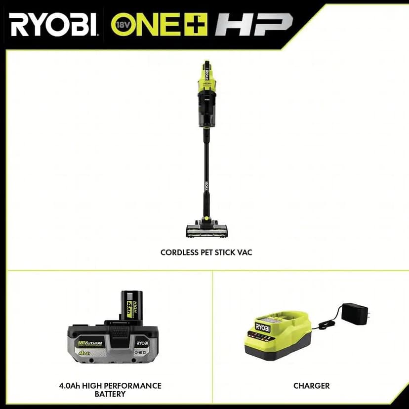 Pacroban ONE+ HP 18V Brushless Cordless Pet Stick Vacuum Cleaner Kit with 4.0 Ah HIGH Performance Battery and Charger