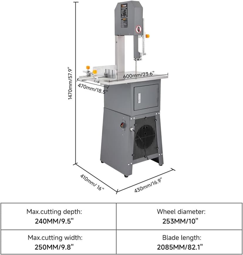 Hoteche 10-Inch Commercial Electric Meat Bandsaw - 550W, 9.5" Cutting Depth, 10" Cutting Width Ideal for Meat, Bone, and Frozen Food Processing