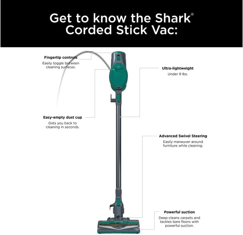 Shark Corded Stick Vacuum, Ultra-Lightweight, Swivel Steering, Powerful Deep-Cleaning, Floor-to-Ceiling Versatility, Converts to a Handheld Vacuum, Carpets & Hardfloor, Green, CS110EM