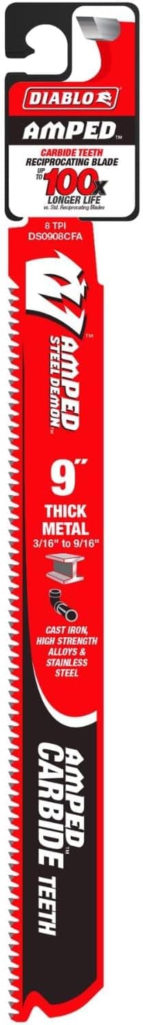 Diablo Amped Steel Demon Carbide Teeth Reciprocating Saw Blade for Thick Metal - 100x Longer Cutting Life - 9" Length, 8 TPI - DS0908CFA