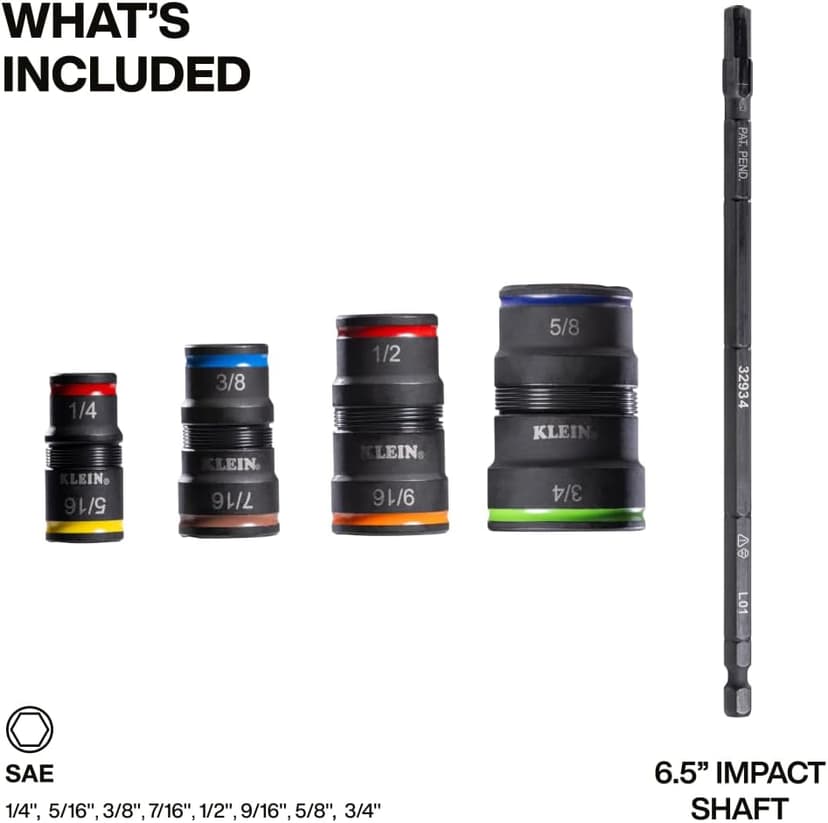 Klein Tools 32934 Impact Driver, 9-in-1 SAE Impact Socket Set, 4 Flip Sockets with 1/4, 5/16, 3/8, 7/16, 1/2, 9/16, 5/8, and 3/4-Inch Nut Driver Sizes with Bit Holder, 6-1/2-Inch Shaft