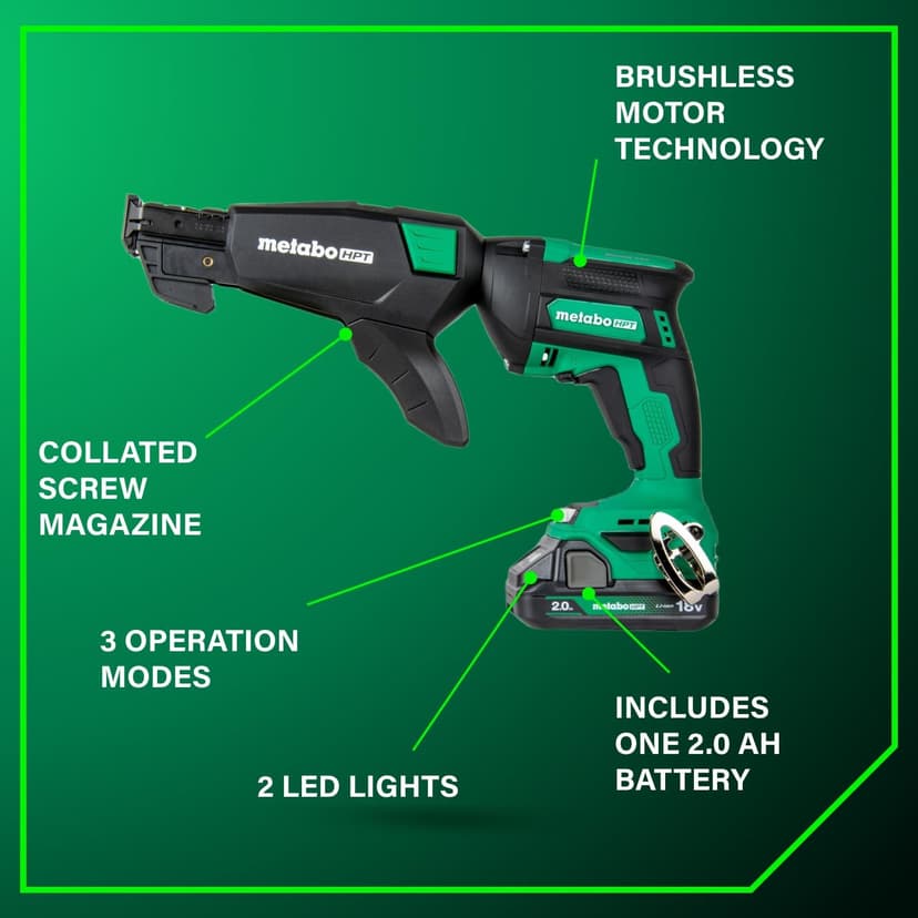 Metabo HPT 18V MultiVolt Cordless Drywall Screw Gun Kit, High-Speed Power Screwdriver with Collated Screw Magazine, 2.0Ah Lithium-Ion Battery and Charger, Lightweight Ergonomic Design, W18DAQB