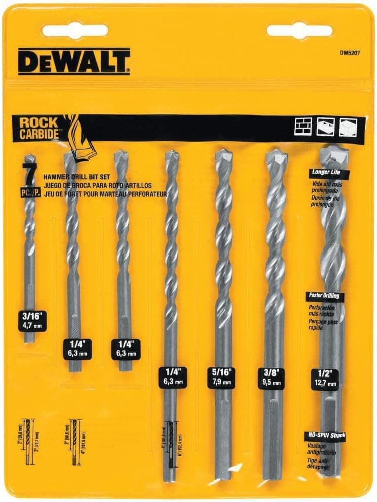 DEWALT Masonry Drill Bit Set, Percussion, Concrete & Block, 7-Piece (DW5207)