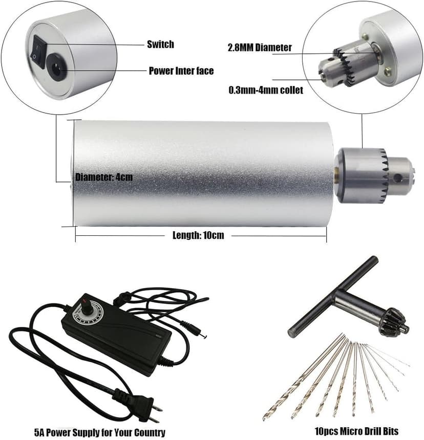Yakamoz 0.3mm - 4mm Adjustable Micro Mini Electric Hand Drill Aluminum Portable Handheld Drill for DIY PCB with 5A DC5V-12V Power Supply Control | 10pcs Micro Drill Bits Included