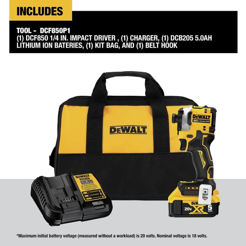 DEWALT ATOMIC 20V MAX 1/4 in. Brushless Cordless Impact Driver Kit with Battery and Charger Included (DCF850P1)