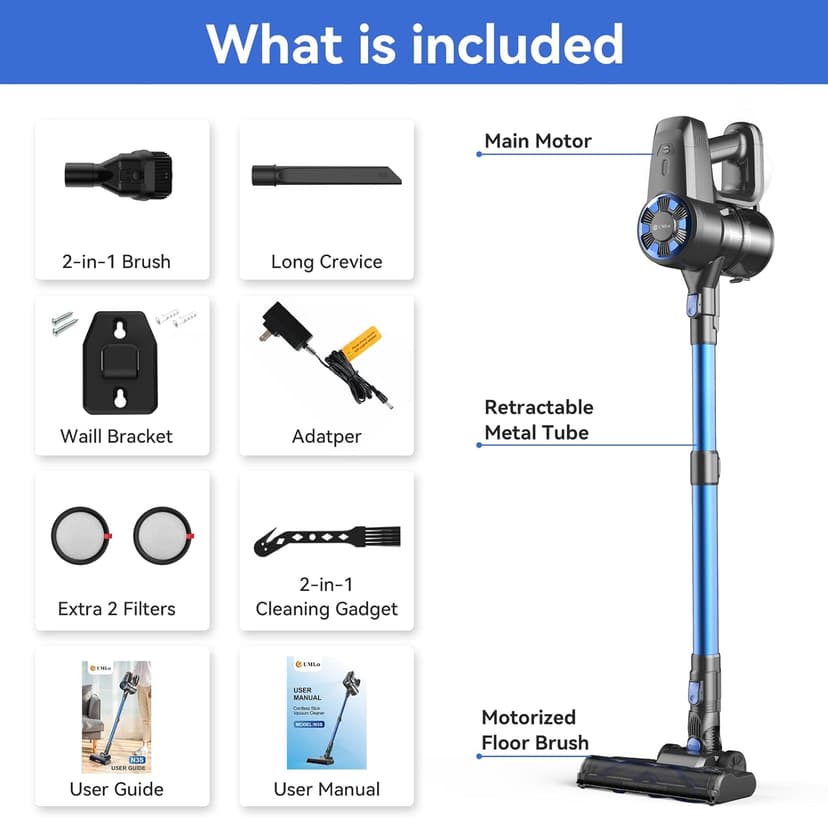 Cordless Vacuum Cleaner, 8-in-1 Lightweight Stick Vacuum with Powerful Suction, Self-Standing, 40 Mins Max Runtime, Rechargeable Vacuum Cleaners for Home, Hardwood Floor, Carpet, Pet Hair N3S
