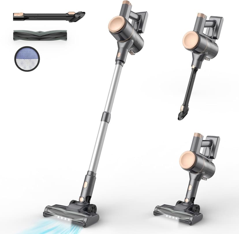N8 Cordless Vacuum Cleaner, Lightweight Stick Vacuum with Powerful Suction, 2200mAh Battery, 40 Mins Runtime, Self-Standing, Rechargeable Vacuum Cleaners for Home Hardwood Floor Carpet Pet Hair (Gold)