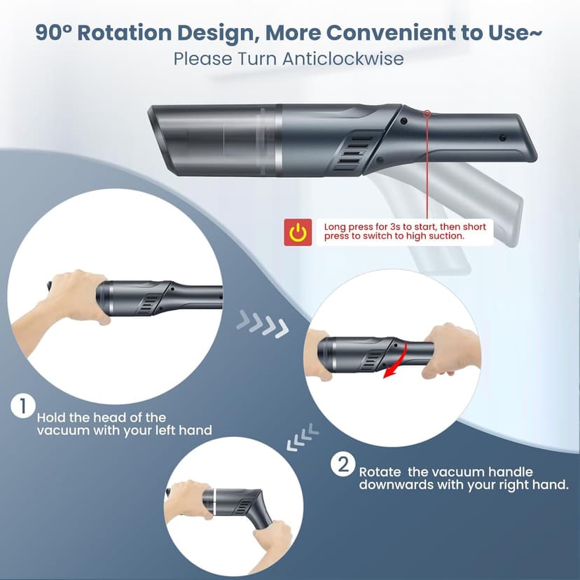 Cordless Car Vacuum Cleaner - Portable Handheld Vacuum with 90° Adjustable Handle,120W / 15000Pa Rechargeable Mini Dust Buster for Cars,Carpets and Pet Hair