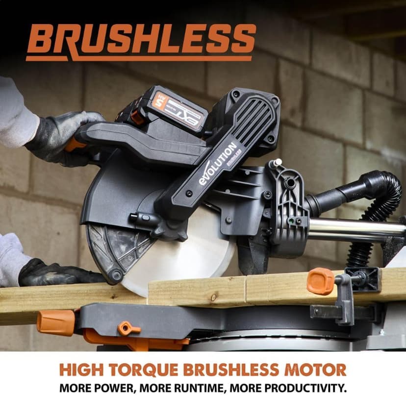 Evolution R255SMS-DB-Li Cordless Dual Bevel Sliding Miter Saw | 40V Brushless Motor | 48° Bevel, 50° Miter | Compact & Lightweight | Includes Multi-Material Blade, Battery & Charger