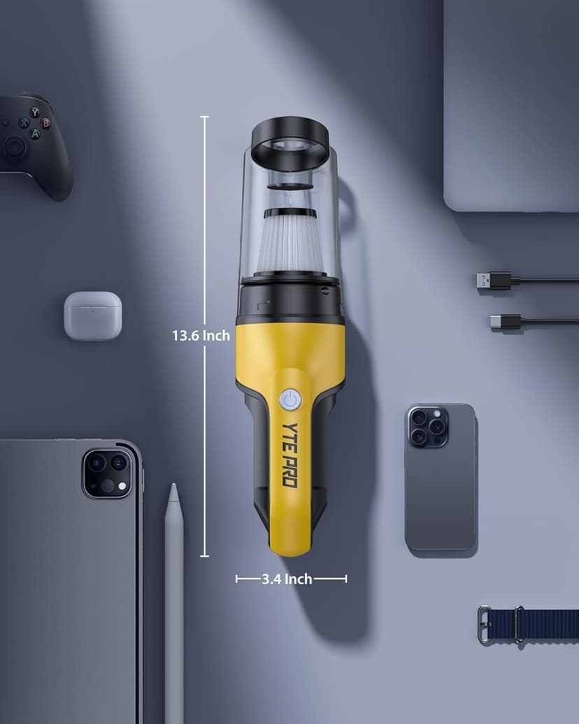Handheld Vacuum Cordless 1.1 Pounds Car Vac 10000PA Hand Held Vacuums 4-in-1 Hand Vac Cordless Rechargeable HEPA Filter Large Capacity Dust Cup for Car Office Home Pets Hair (Yellow＆Black)