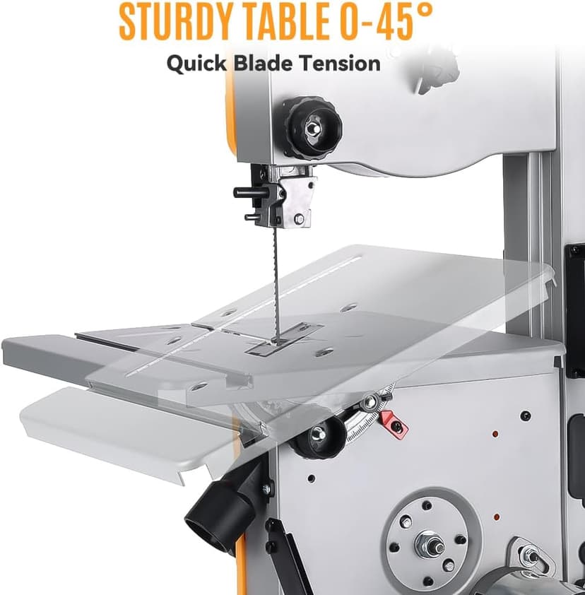 Hoteche 8-Inch Band Saw 2.0A Low Noise Two Cutting Height Table Benchtop with Fence and Miter Gauge for Woodworking, DIY Projects and Precision Cutting, Tilting Range 0-45°