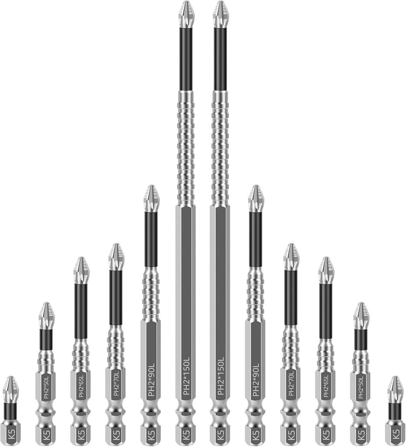 Alloy High-Magnetic Screwdriver Drill Bit Set, 12Pcs Impact Phillips Bits, Non-Slip Teeth Phillips Screwdriver Bit Set, Long Drill Bits for Electric Drills, 1+2+2.6+2.8+3.5+6in