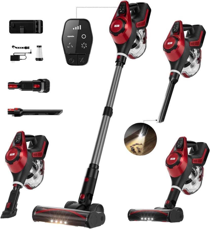 Cordless Vacuum Cleaner, 30Kpa Home Stick Vacuum, Smart Display & 1.5L Dust Cup, 55mins Max Runtime, Rechargeable Lightweight Handheld Vavuum for Pet Hair/Carpet/Hardwood Floor/Car (Metallic Red)