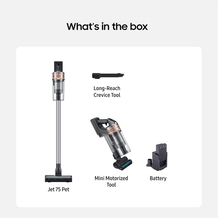 SAMSUNG Jet 75 Pet Cordless Stick Vacuum Cleaner, Lightweight w/ Turbo Brush, Mini Motorized Tool, Removable Battery, Powerful Cleaning for Hardwood Floors, Carpets, Area Rugs, VS20T7512N7/AA, Silver