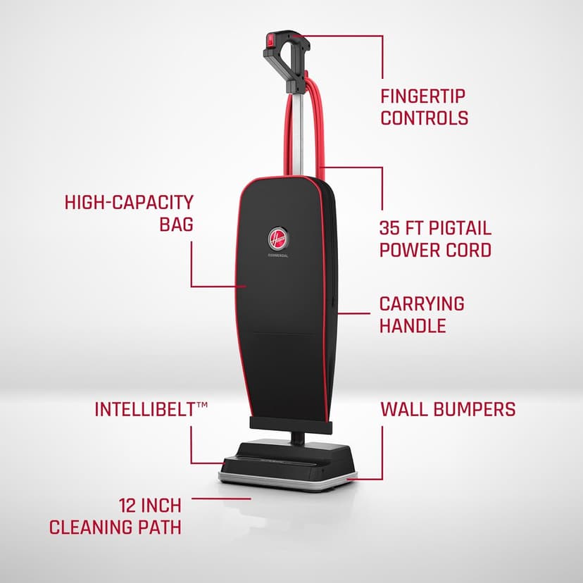 Hoover Commercial Superior Lite Upright Vacuum Cleaner, Bagged Professional Pro Grade, for Carpet and Hard Floor, CH50200, Black