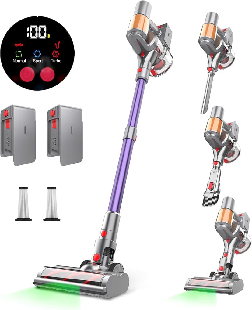 Cordless Vacuum Cleaner, 2 Batteries 120 Mins Runtime Vacuum Cleaners for Home, 45Kpa 550W Stick Vac with Anti-Tangle Design, Self-Standing, 1.5L Dust Cup, Vacuum for Pet Hair/Carpet/Hardwood Floor