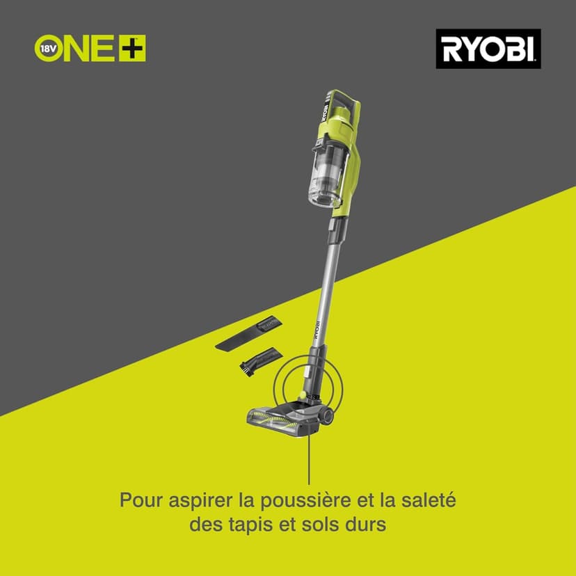 RYOBI 18 V ONE+ RSV18-0 Cordless Floor Vacuum Cleaner (30 AirWatt Suction Power, 820 l/min Airflow, 24 cm Wide Floor Nozzle, without Battery and Charger), Green