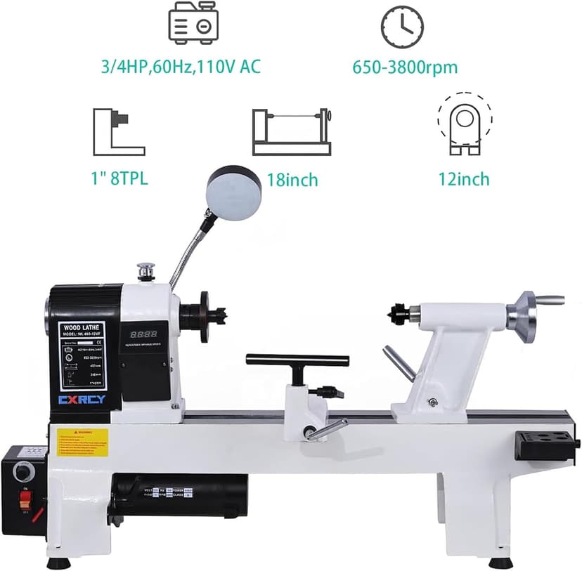 CXRCY 12" x 18" Wood Lathe, Powerful Benchtop Wood Lathe Machine 3/4 HP Infinitely Variable Speed 650-3800 RPM with Lathe Belt & Goggle for Woodworking, Woodturning (Model:WL460-12VF)