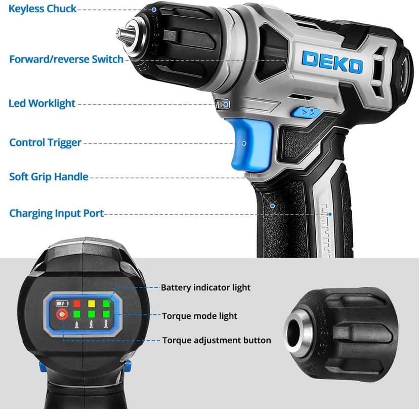 DEKOPRO 8V Cordless Drill, Drill Set with 3/8"Keyless Chuck, Built-in LED, Type-C Charge Cable, 42pcs Acessories, Power Drill for Drilling and Tightening/Loosening Screws