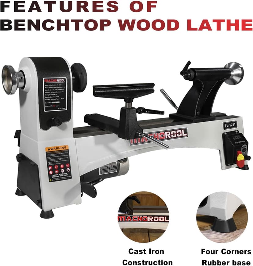 FINDBUYTOOL Wood Lathe, 12" x 21" Benchtop Variable Speed Midi Wood Lathe Machine, 3/4 HP, 6 AMP Motor, 2 Rotational Speed Range Settings (300-3500 RPM), Wood Lathe Machine